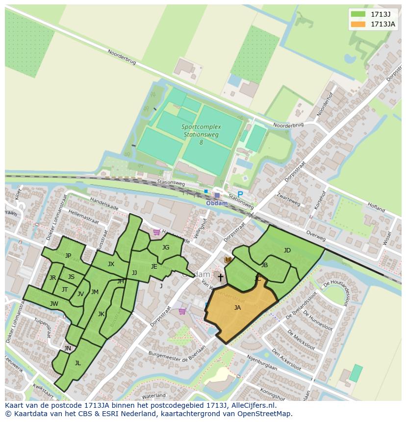 Afbeelding van het postcodegebied 1713 JA op de kaart.
