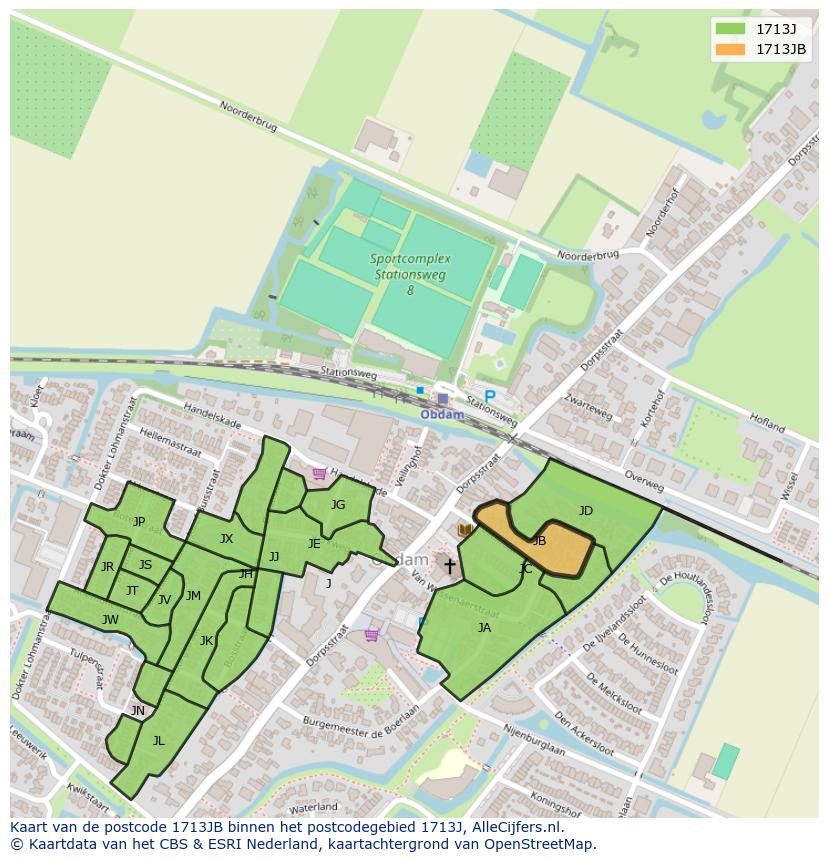 Afbeelding van het postcodegebied 1713 JB op de kaart.