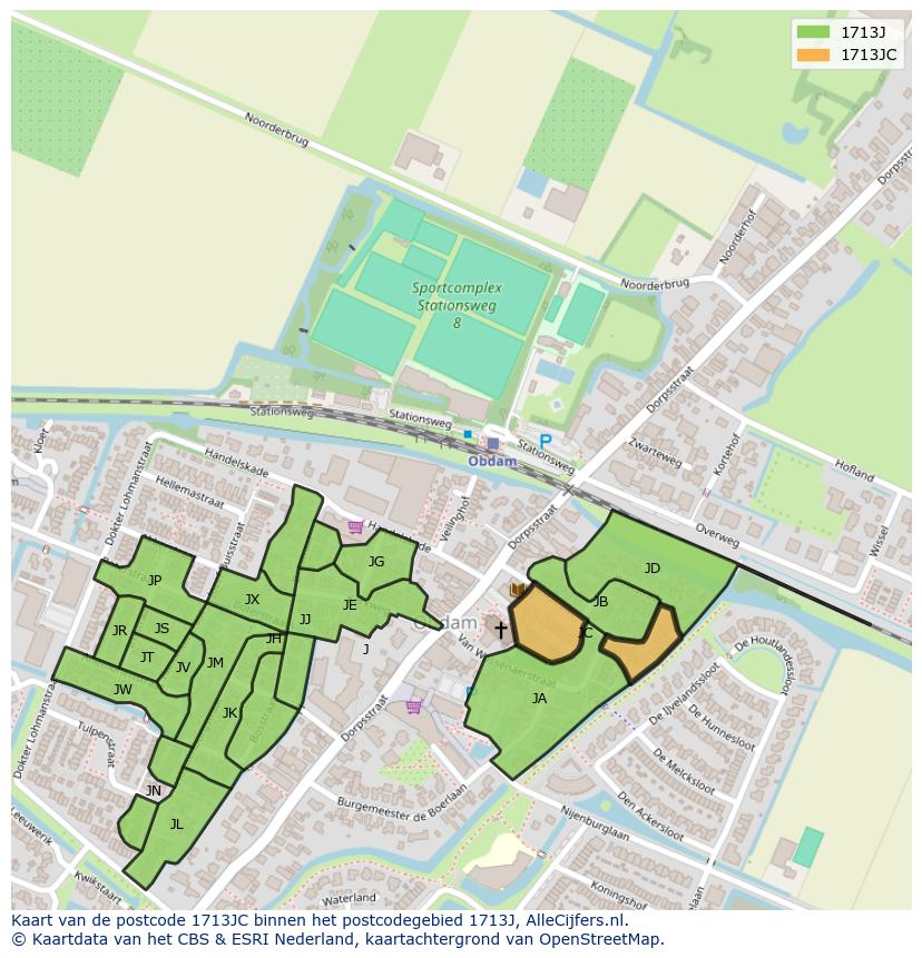 Afbeelding van het postcodegebied 1713 JC op de kaart.