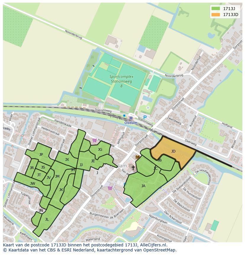 Afbeelding van het postcodegebied 1713 JD op de kaart.