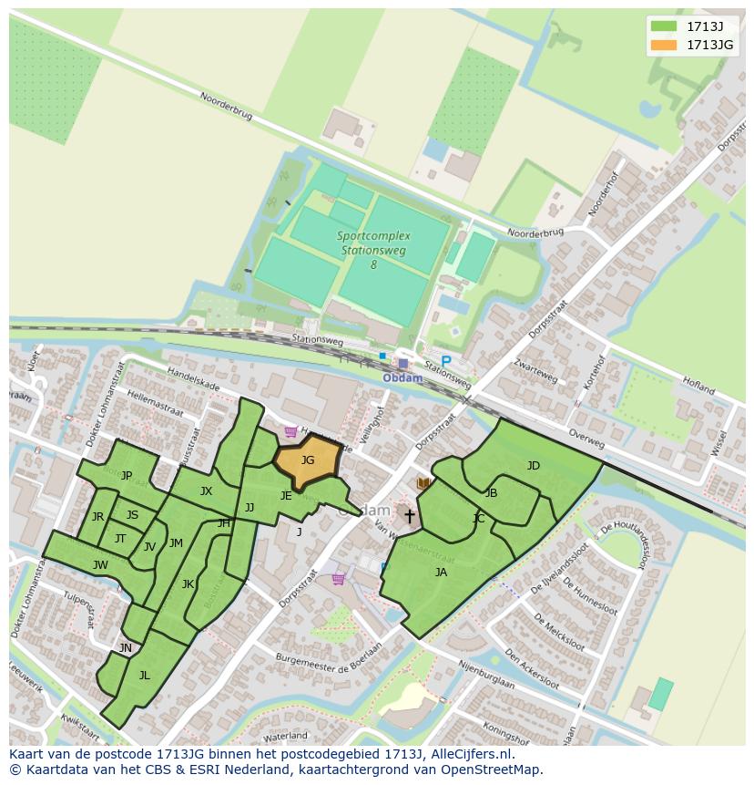 Afbeelding van het postcodegebied 1713 JG op de kaart.