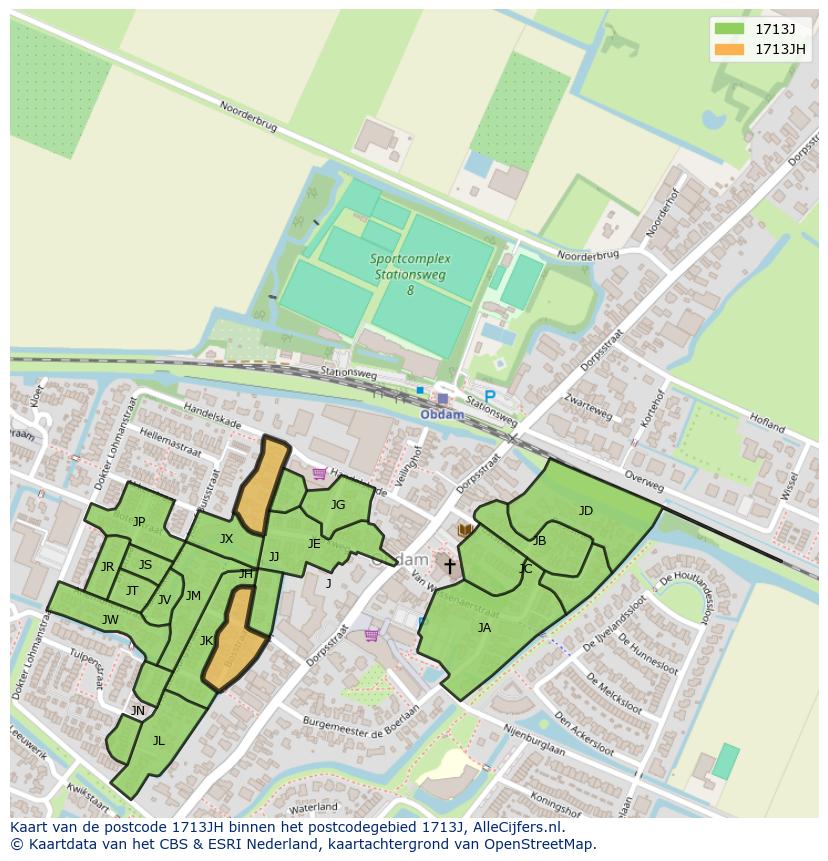 Afbeelding van het postcodegebied 1713 JH op de kaart.