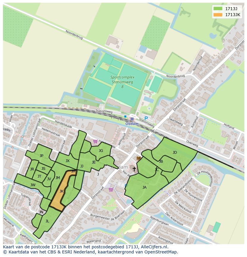Afbeelding van het postcodegebied 1713 JK op de kaart.