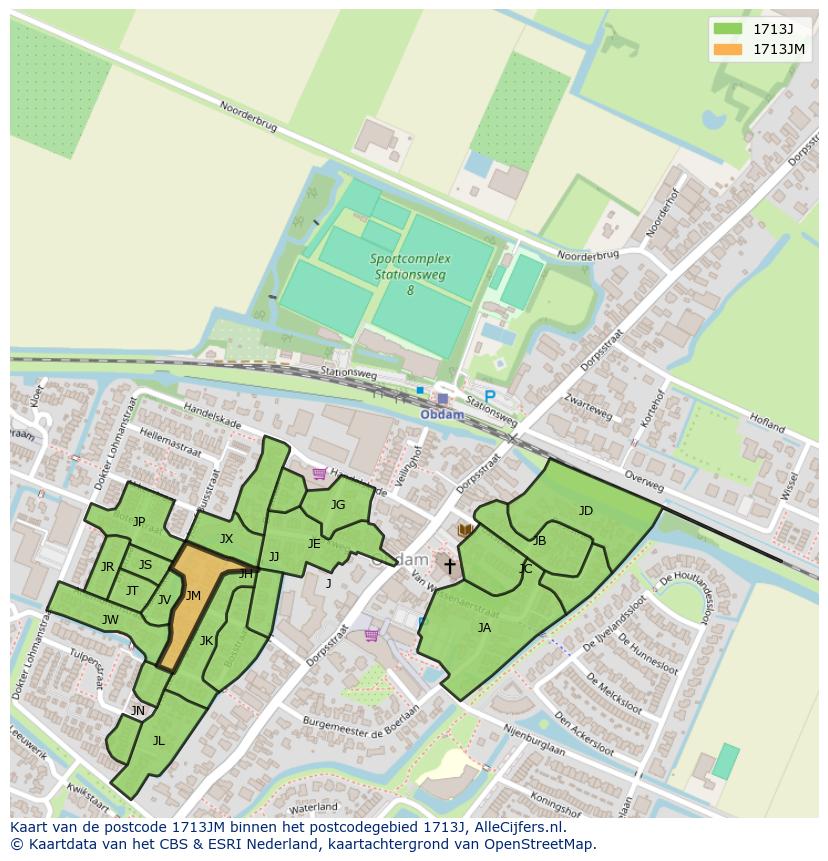 Afbeelding van het postcodegebied 1713 JM op de kaart.