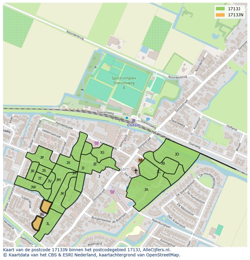 Afbeelding van het postcodegebied 1713 JN op de kaart.