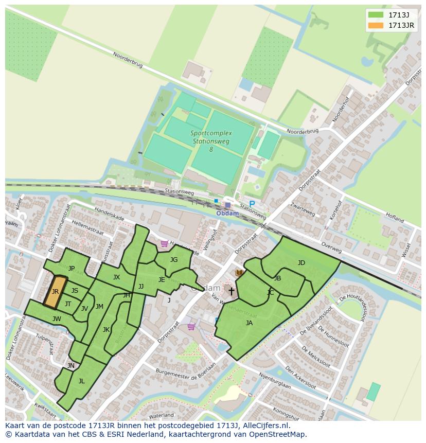 Afbeelding van het postcodegebied 1713 JR op de kaart.