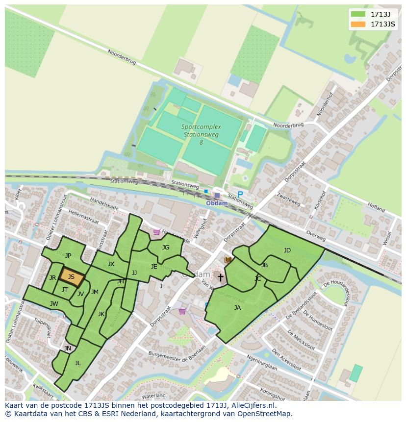 Afbeelding van het postcodegebied 1713 JS op de kaart.