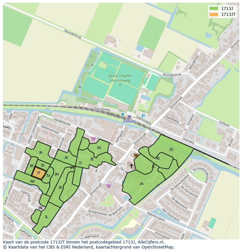 Afbeelding van het postcodegebied 1713 JT op de kaart.