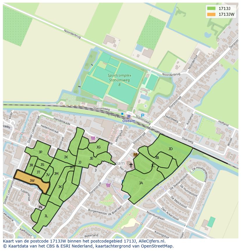 Afbeelding van het postcodegebied 1713 JW op de kaart.
