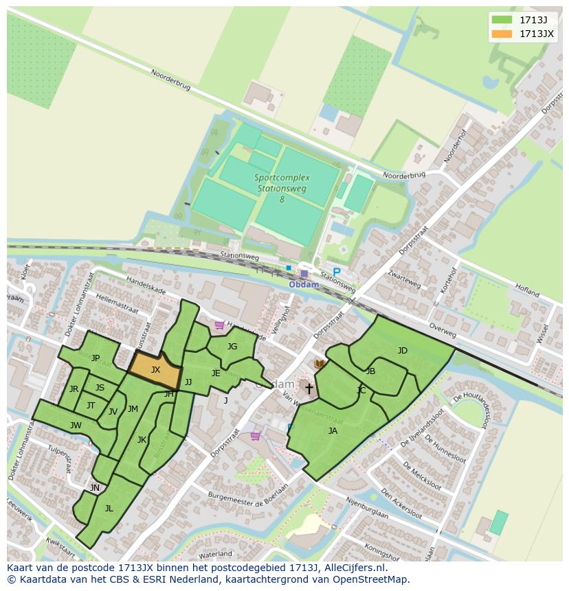 Afbeelding van het postcodegebied 1713 JX op de kaart.
