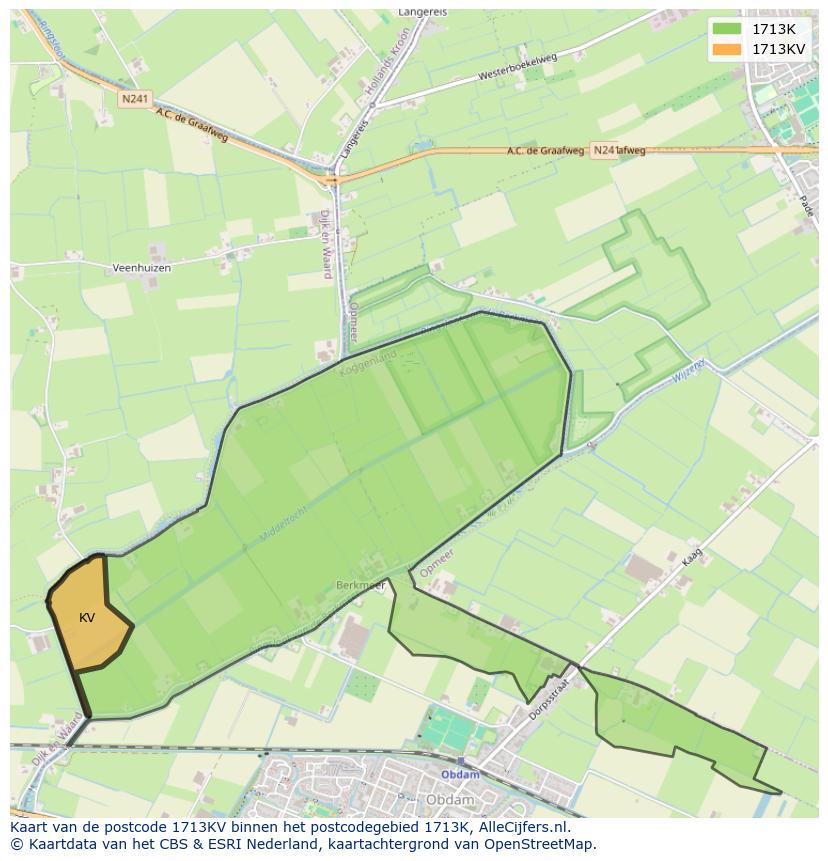 Afbeelding van het postcodegebied 1713 KV op de kaart.