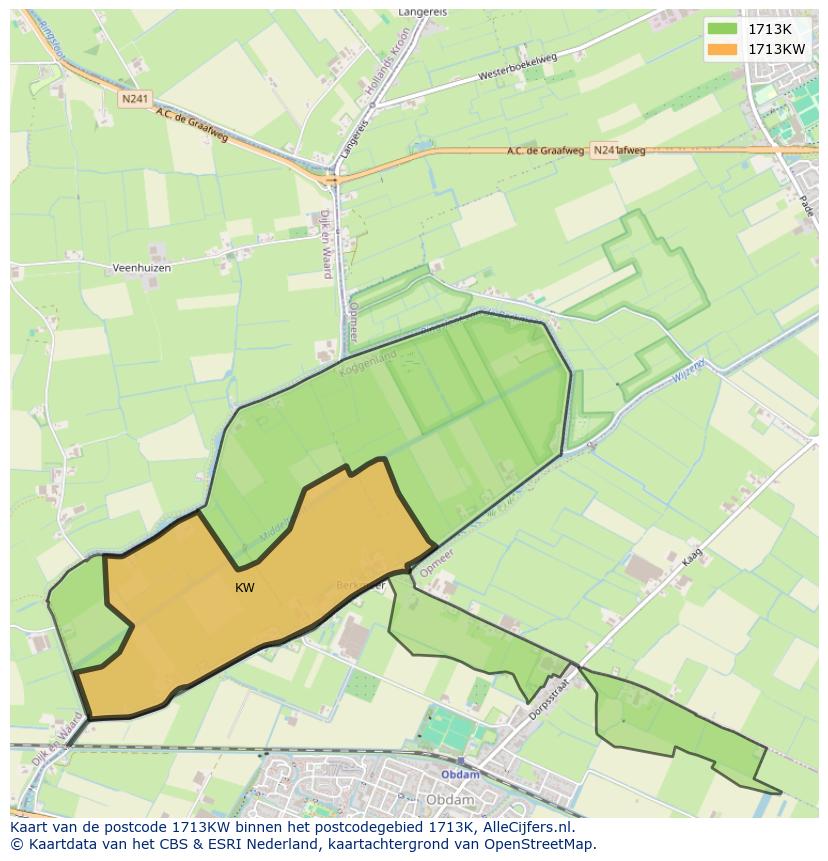 Afbeelding van het postcodegebied 1713 KW op de kaart.