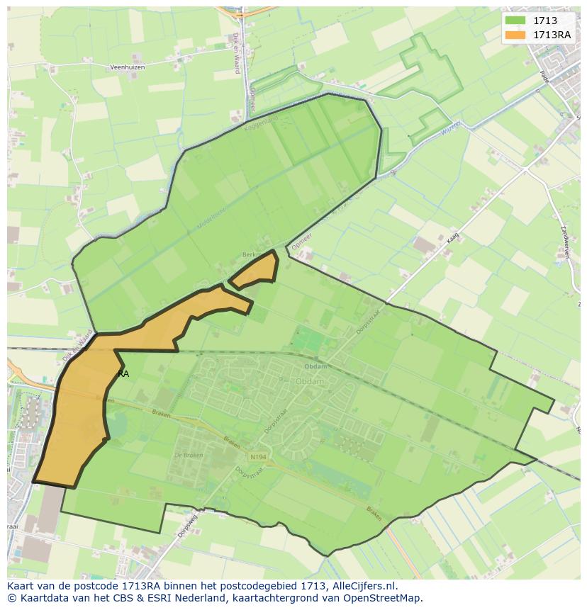 Afbeelding van het postcodegebied 1713 RA op de kaart.