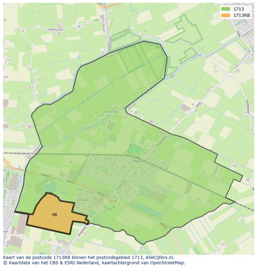Afbeelding van het postcodegebied 1713 RB op de kaart.