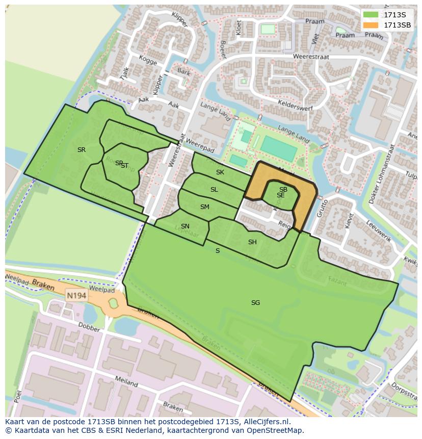 Afbeelding van het postcodegebied 1713 SB op de kaart.