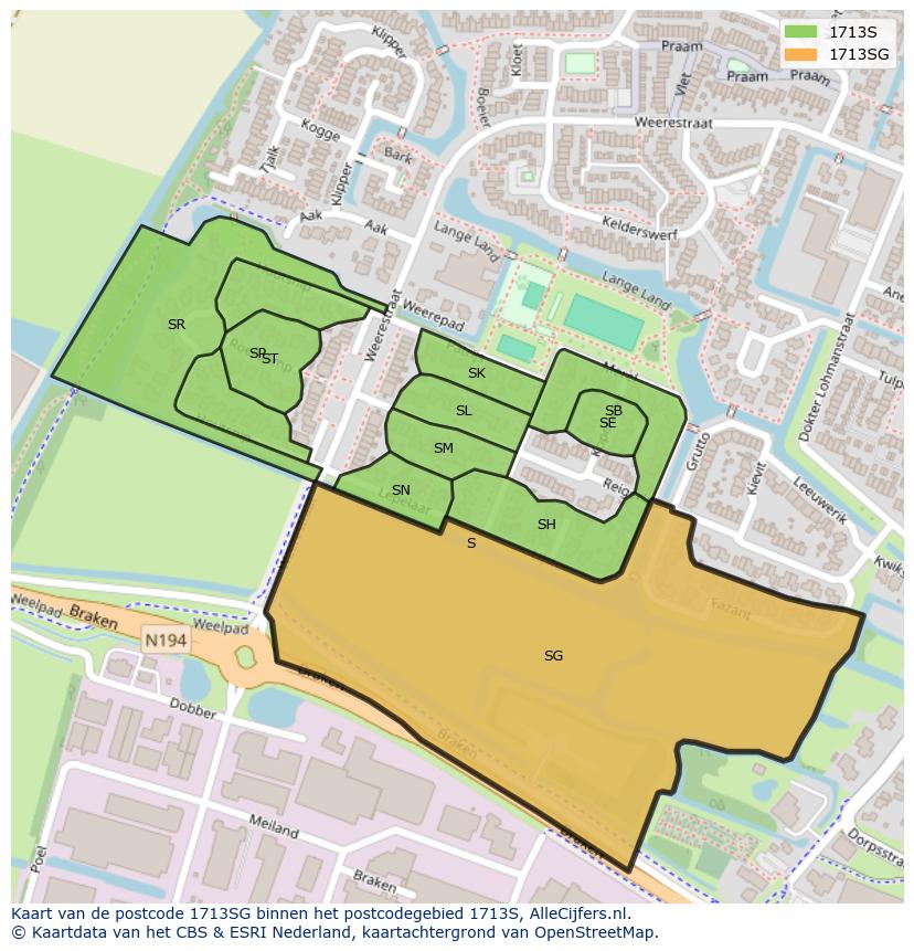 Afbeelding van het postcodegebied 1713 SG op de kaart.