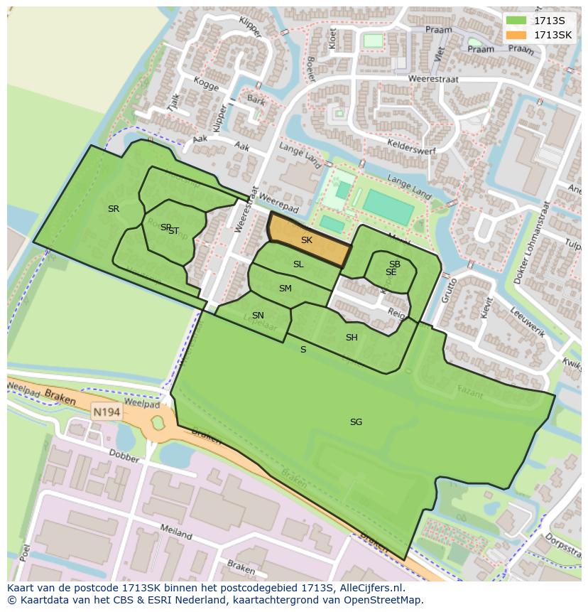 Afbeelding van het postcodegebied 1713 SK op de kaart.