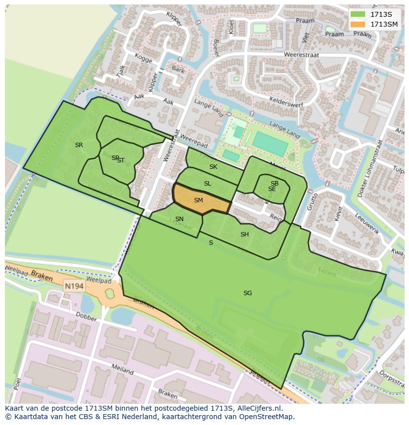 Afbeelding van het postcodegebied 1713 SM op de kaart.