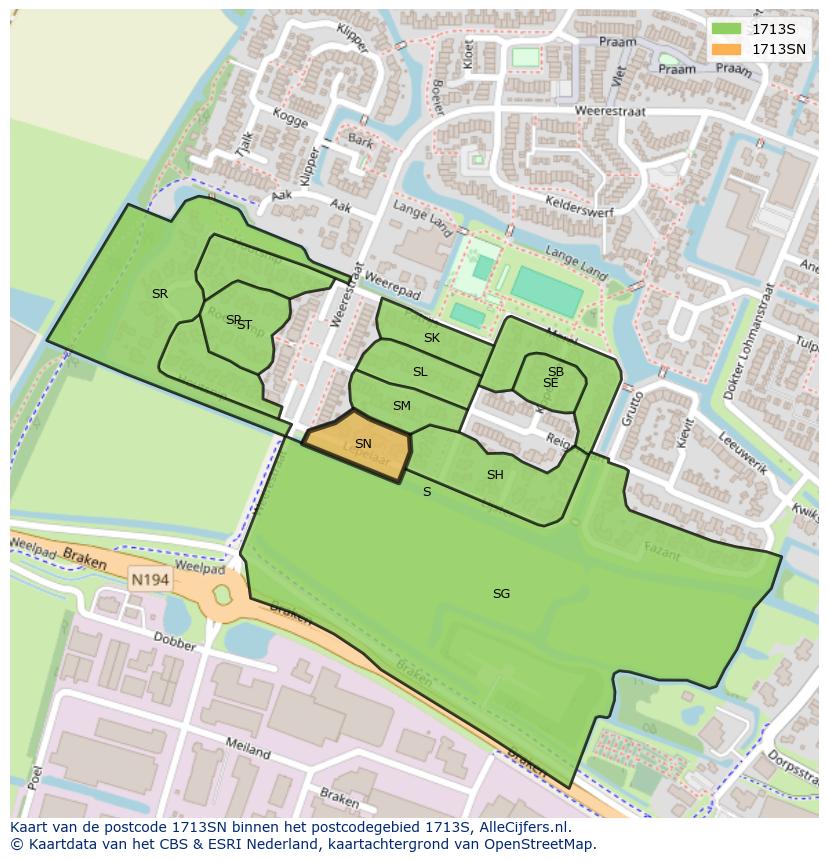Afbeelding van het postcodegebied 1713 SN op de kaart.