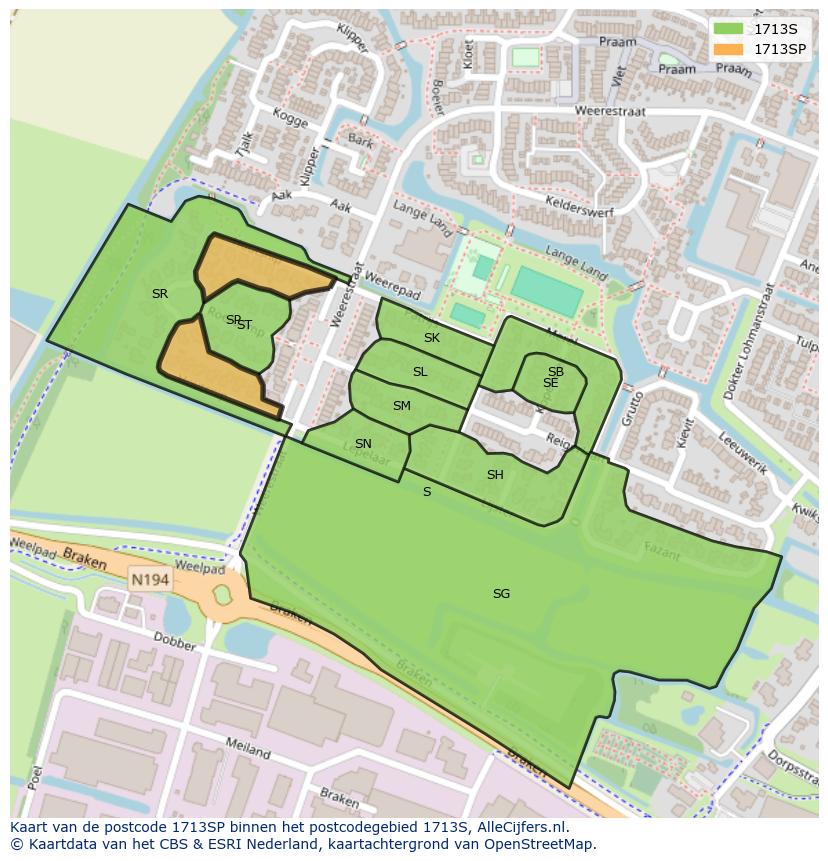 Afbeelding van het postcodegebied 1713 SP op de kaart.