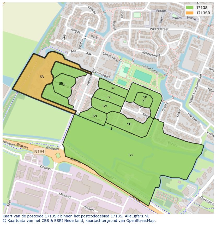 Afbeelding van het postcodegebied 1713 SR op de kaart.