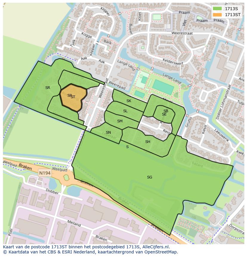 Afbeelding van het postcodegebied 1713 ST op de kaart.