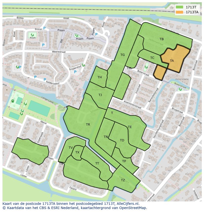 Afbeelding van het postcodegebied 1713 TA op de kaart.