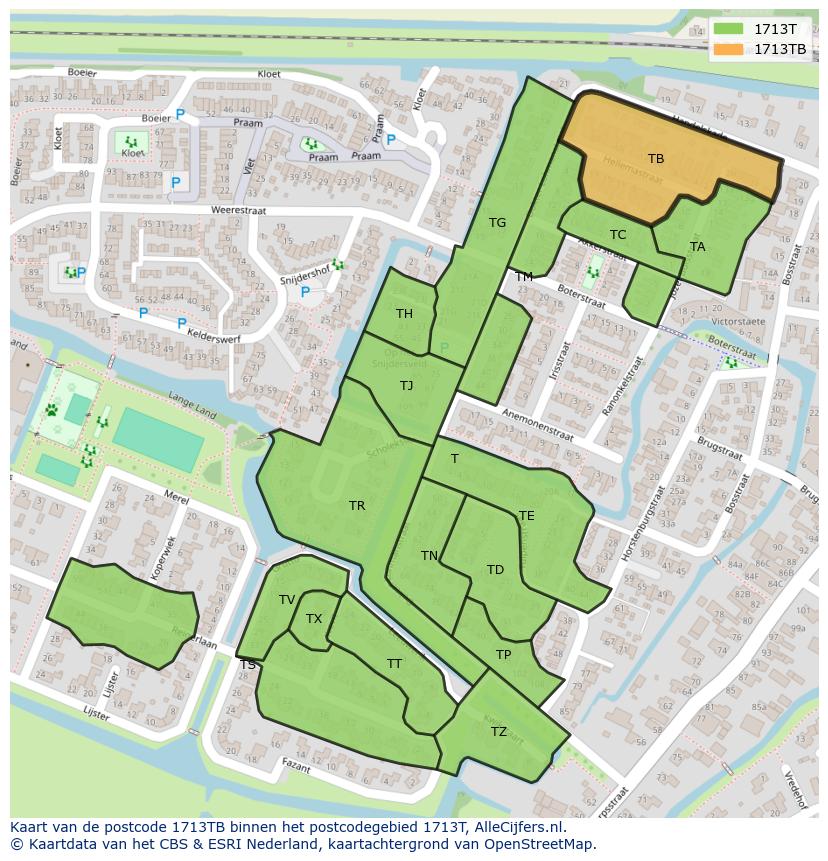 Afbeelding van het postcodegebied 1713 TB op de kaart.