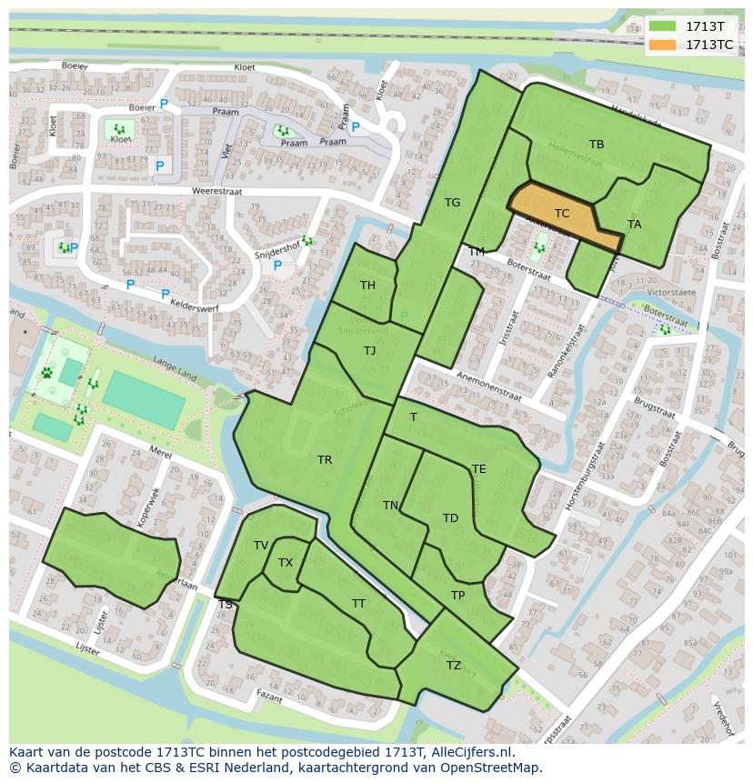 Afbeelding van het postcodegebied 1713 TC op de kaart.