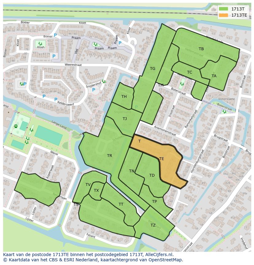 Afbeelding van het postcodegebied 1713 TE op de kaart.