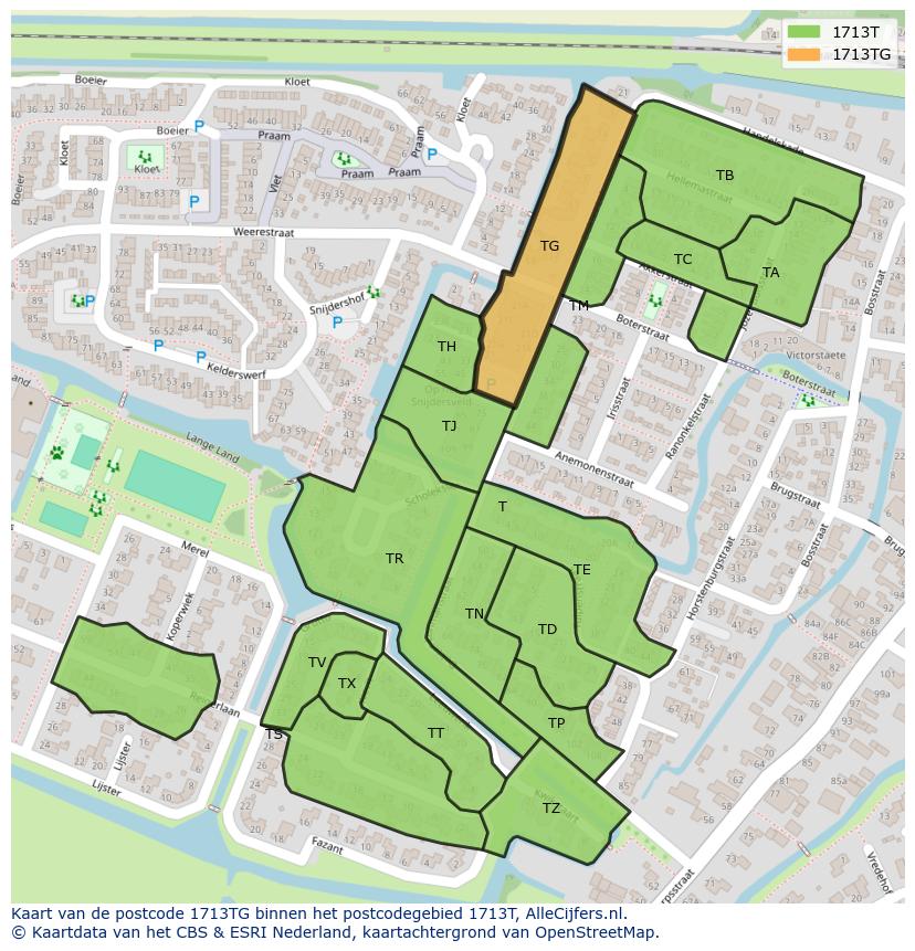 Afbeelding van het postcodegebied 1713 TG op de kaart.