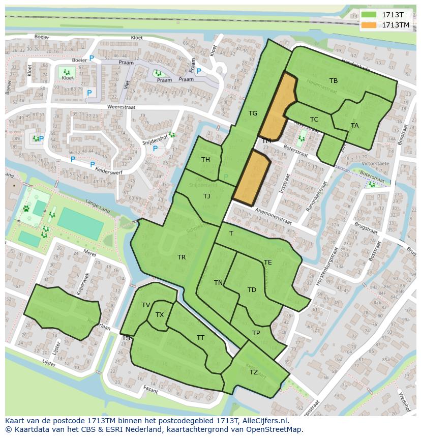 Afbeelding van het postcodegebied 1713 TM op de kaart.