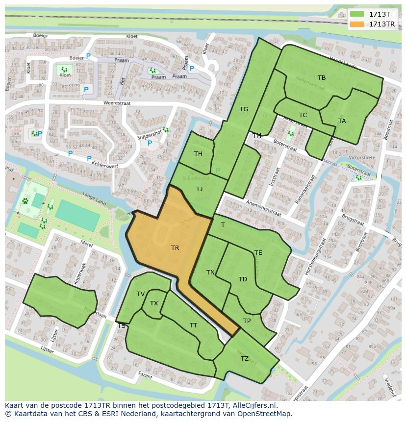 Afbeelding van het postcodegebied 1713 TR op de kaart.