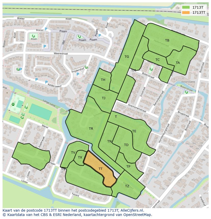 Afbeelding van het postcodegebied 1713 TT op de kaart.