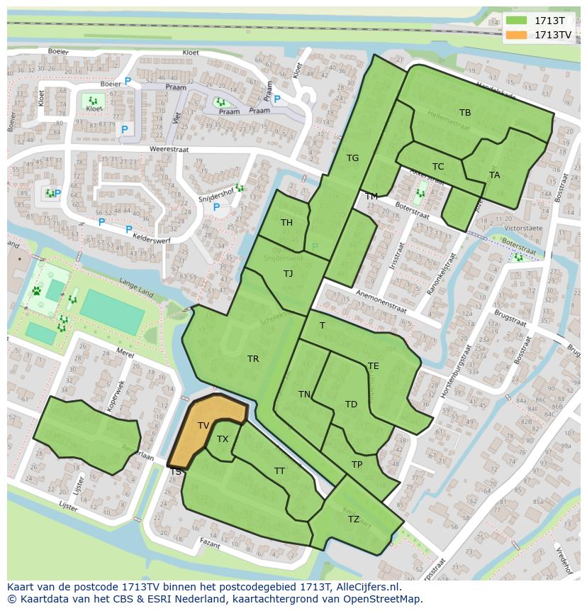 Afbeelding van het postcodegebied 1713 TV op de kaart.