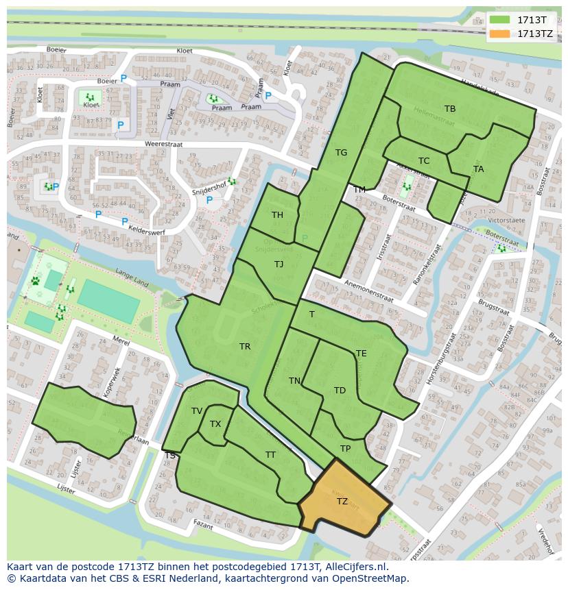 Afbeelding van het postcodegebied 1713 TZ op de kaart.