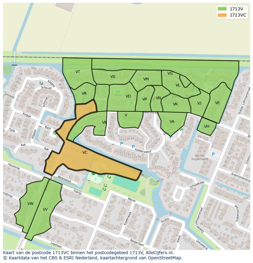 Afbeelding van het postcodegebied 1713 VC op de kaart.