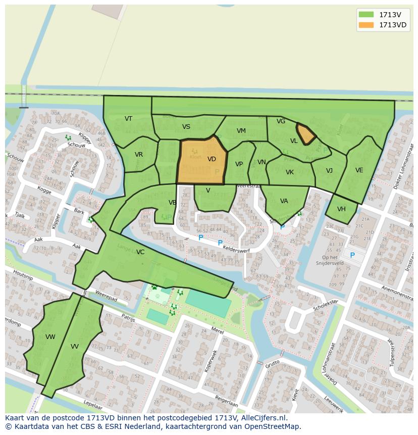 Afbeelding van het postcodegebied 1713 VD op de kaart.