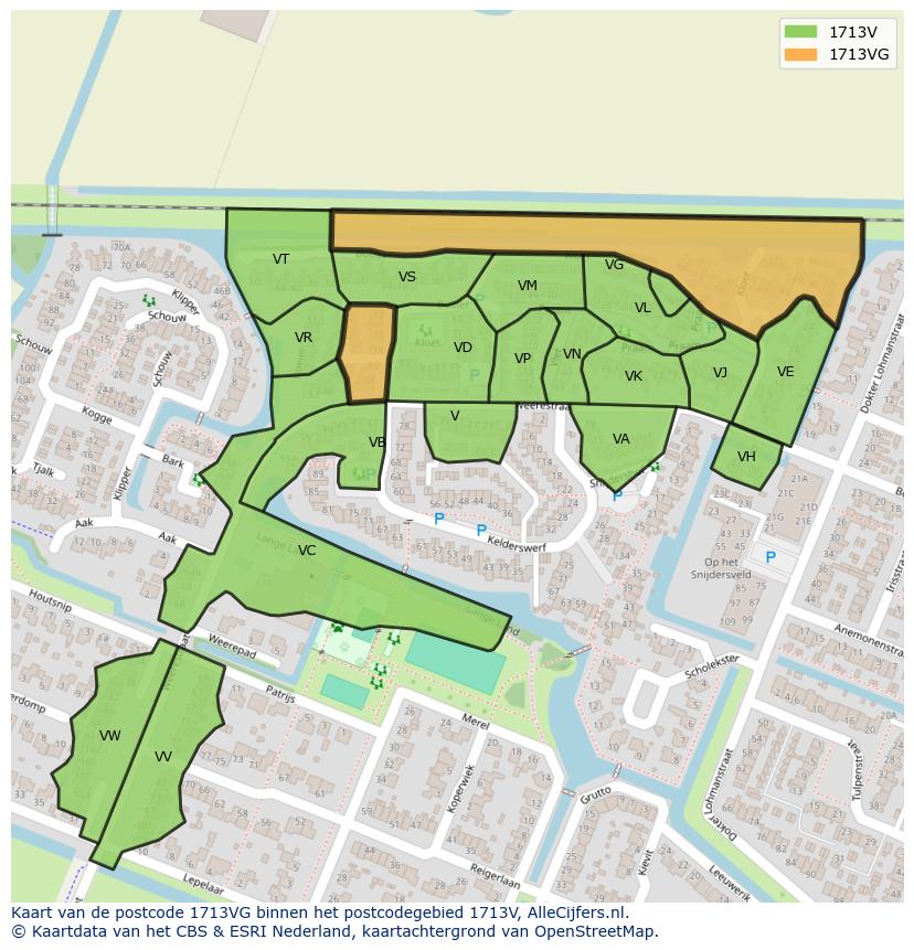 Afbeelding van het postcodegebied 1713 VG op de kaart.