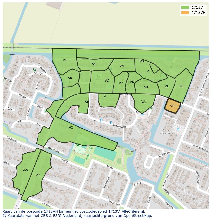 Afbeelding van het postcodegebied 1713 VH op de kaart.