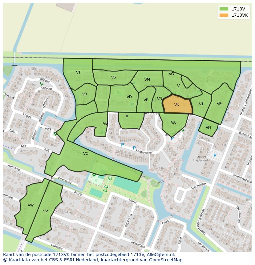 Afbeelding van het postcodegebied 1713 VK op de kaart.