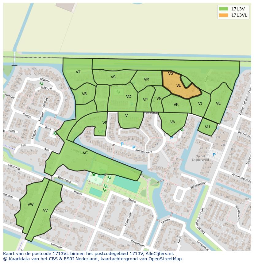 Afbeelding van het postcodegebied 1713 VL op de kaart.