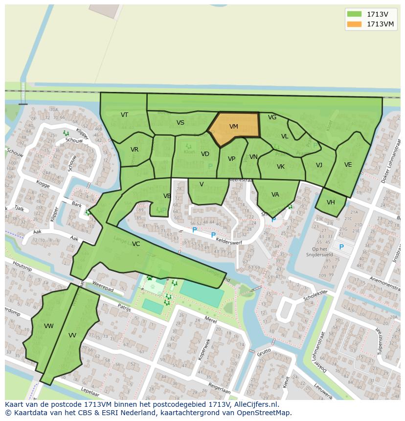 Afbeelding van het postcodegebied 1713 VM op de kaart.