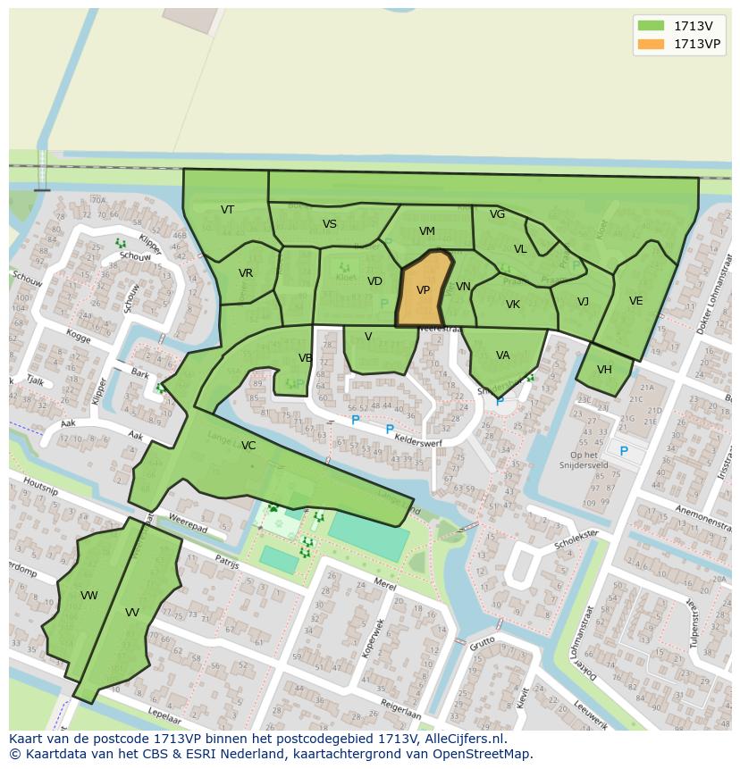 Afbeelding van het postcodegebied 1713 VP op de kaart.