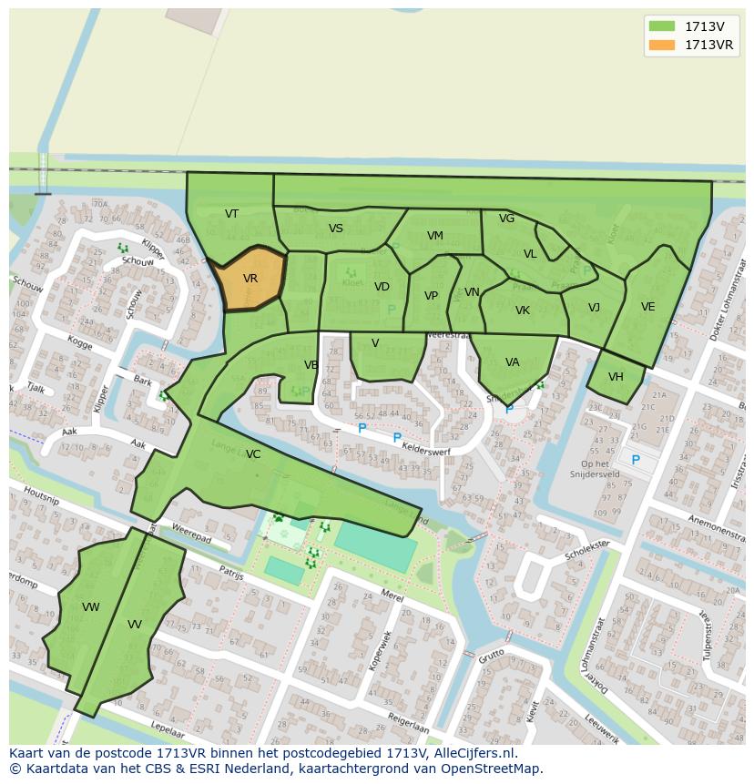 Afbeelding van het postcodegebied 1713 VR op de kaart.