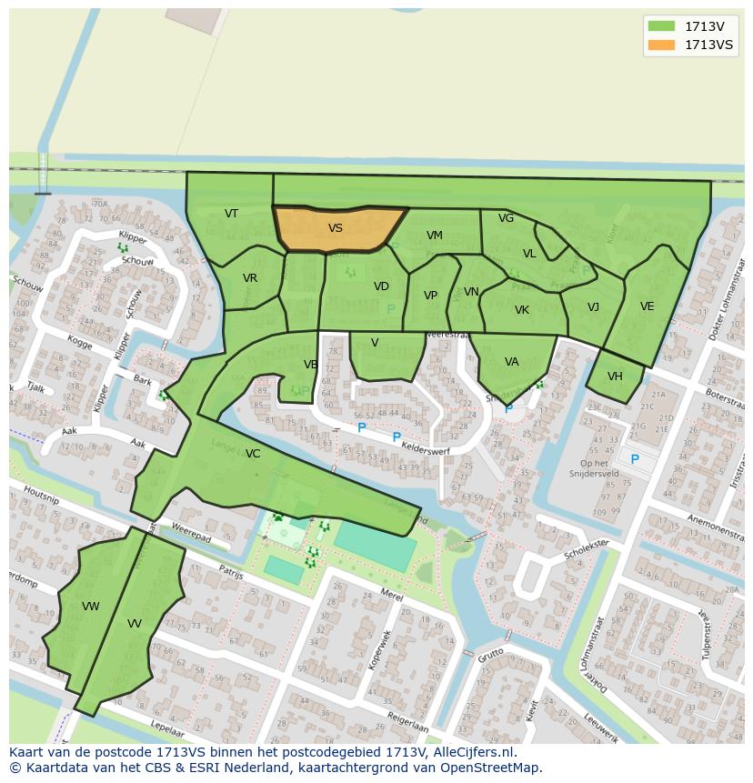 Afbeelding van het postcodegebied 1713 VS op de kaart.