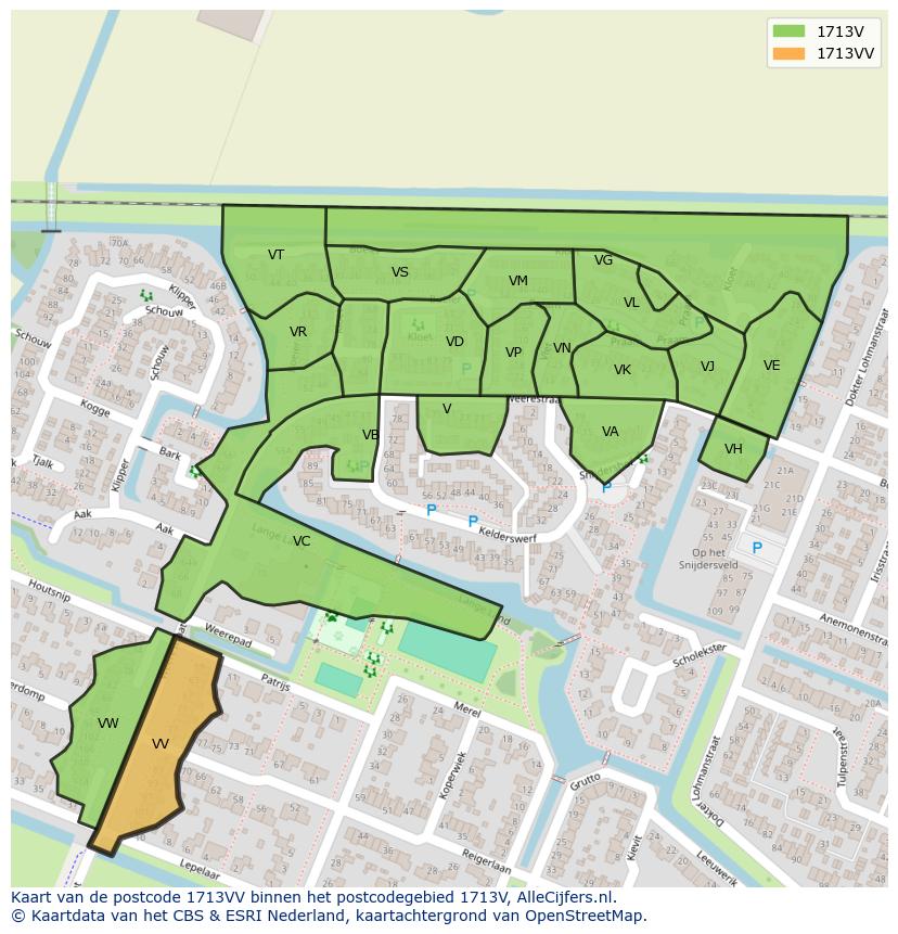 Afbeelding van het postcodegebied 1713 VV op de kaart.
