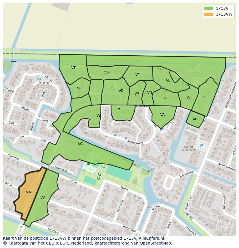 Afbeelding van het postcodegebied 1713 VW op de kaart.