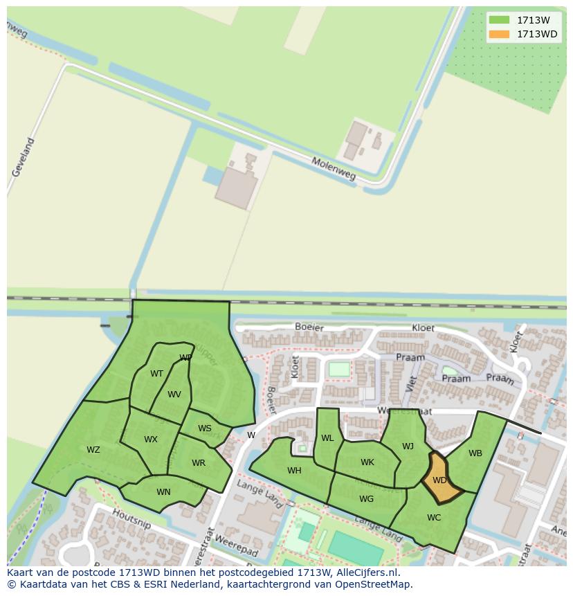 Afbeelding van het postcodegebied 1713 WD op de kaart.