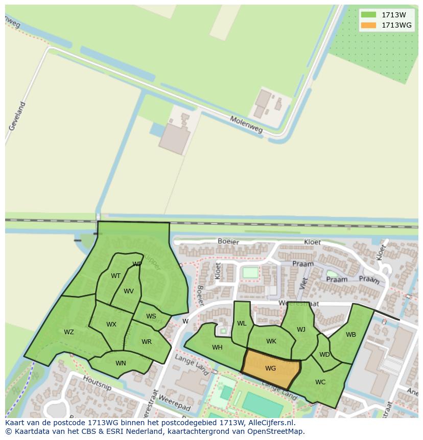 Afbeelding van het postcodegebied 1713 WG op de kaart.